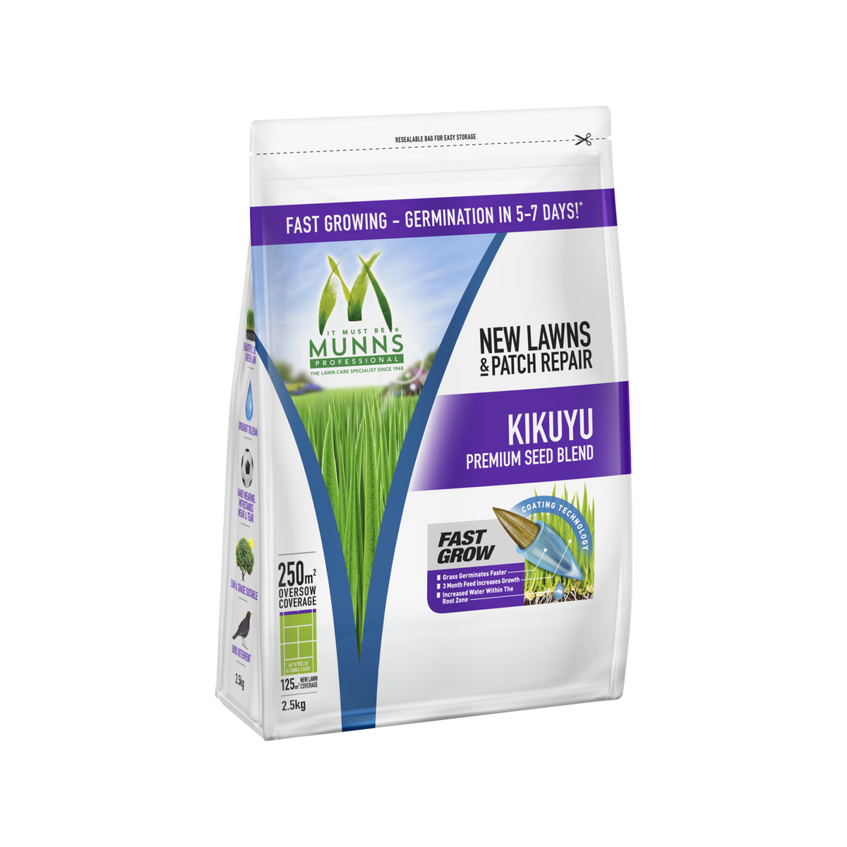 Munns Kikuyu Lawn Seed Blend 2.5kg, New Lawn Combination Emerald Kikuyu and Perennial Ryegrass, Gardening Lawn Seed Blend