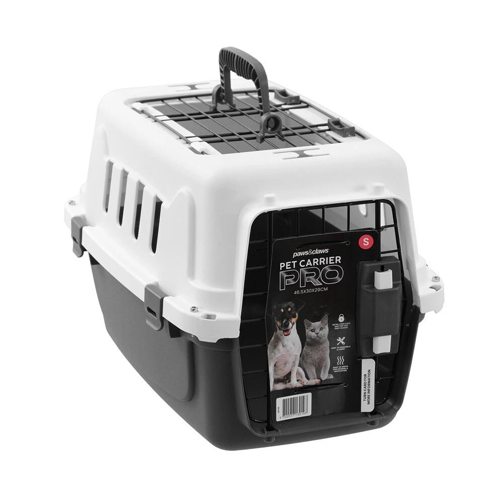 Portable Pet Carrier Cage 46.5cm Hard Travel Crate - Kitten Cat Hamster Dog Small -Heavy Duty - Metal Gate
