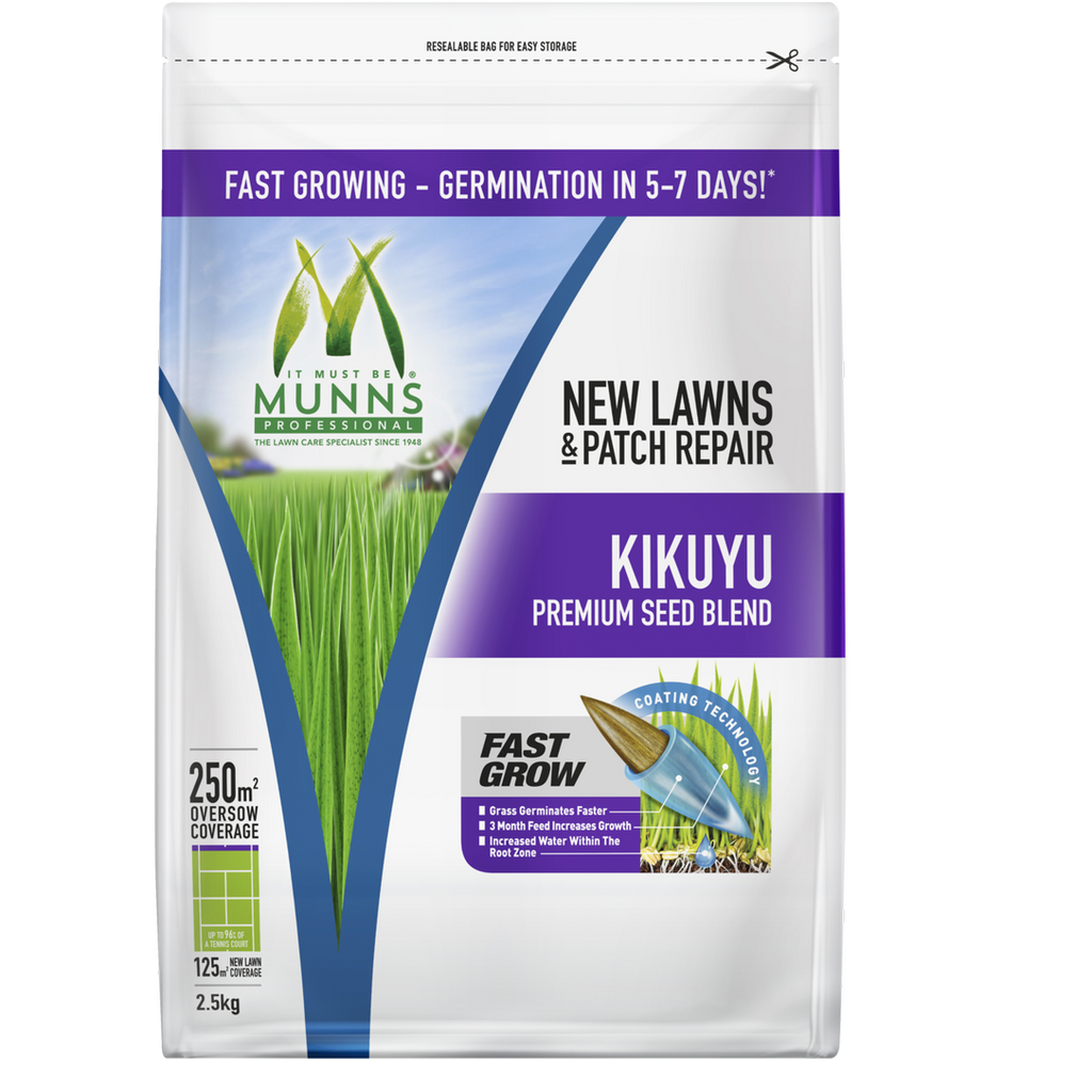 Munns Kikuyu Lawn Seed Blend 2.5kg, New Lawn Combination Emerald Kikuyu and Perennial Ryegrass, Gardening Lawn Seed Blend