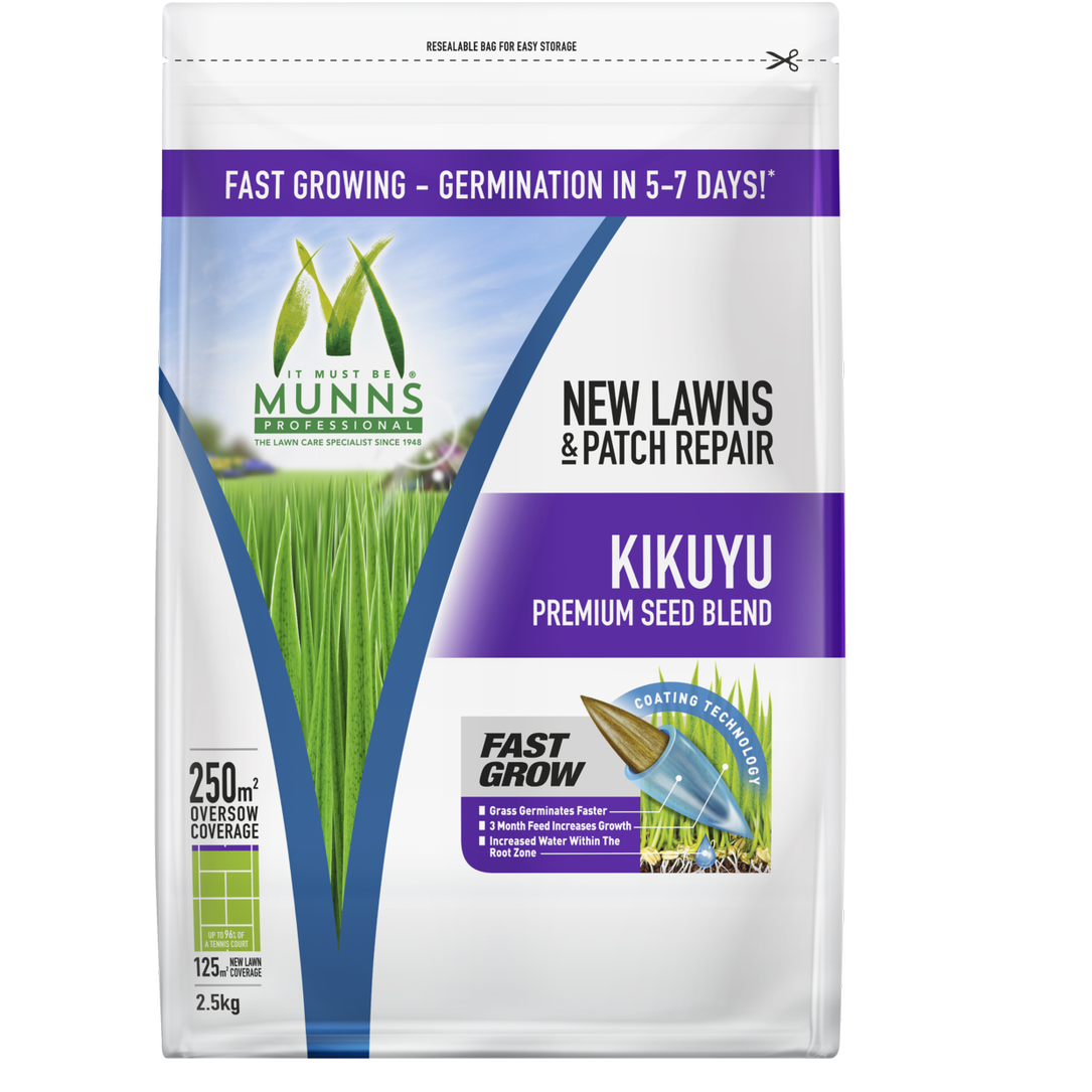 Munns Kikuyu Lawn Seed Blend 2.5kg, New Lawn Combination Emerald Kikuyu and Perennial Ryegrass, Gardening Lawn Seed Blend