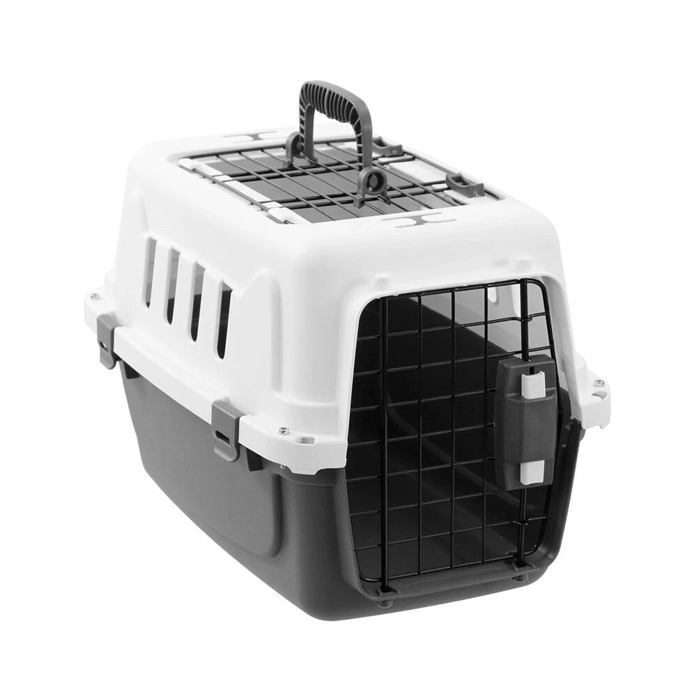 Portable Pet Carrier Cage 46.5cm Hard Travel Crate - Kitten Cat Hamster Dog Small -Heavy Duty - Metal Gate