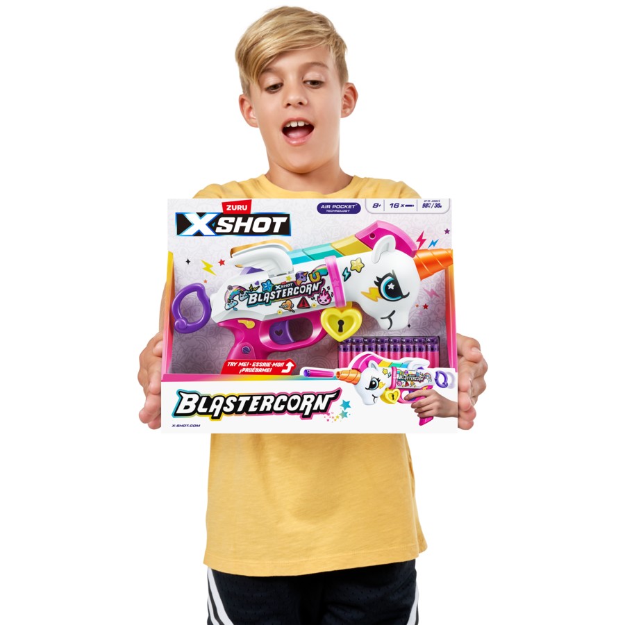 ZURU XSHOT Blastercorn Unicorn Blaster 16 Darts | Blastercorn | Unicorn Theme | Air Pocket Technology | Foam Darts