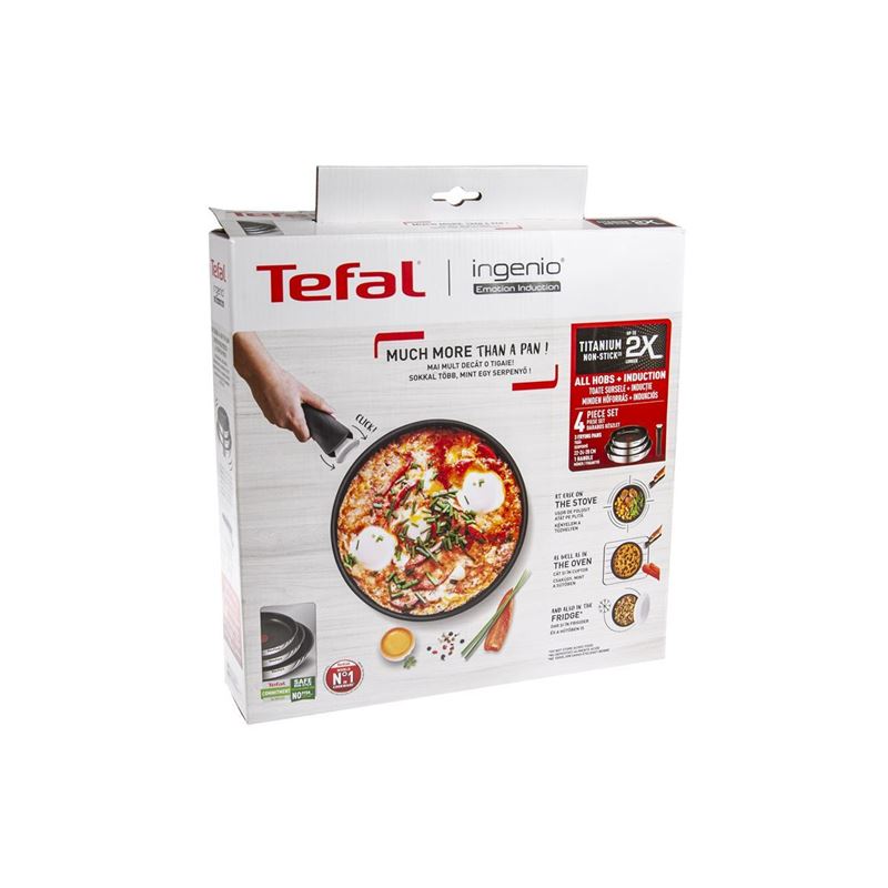Tefal 4 Piece Ingenio Induction Stainless Steel Frypans, Titanium Non-Stick Cooking, Removable Handle, Cooktop Oven Table Stackable Design