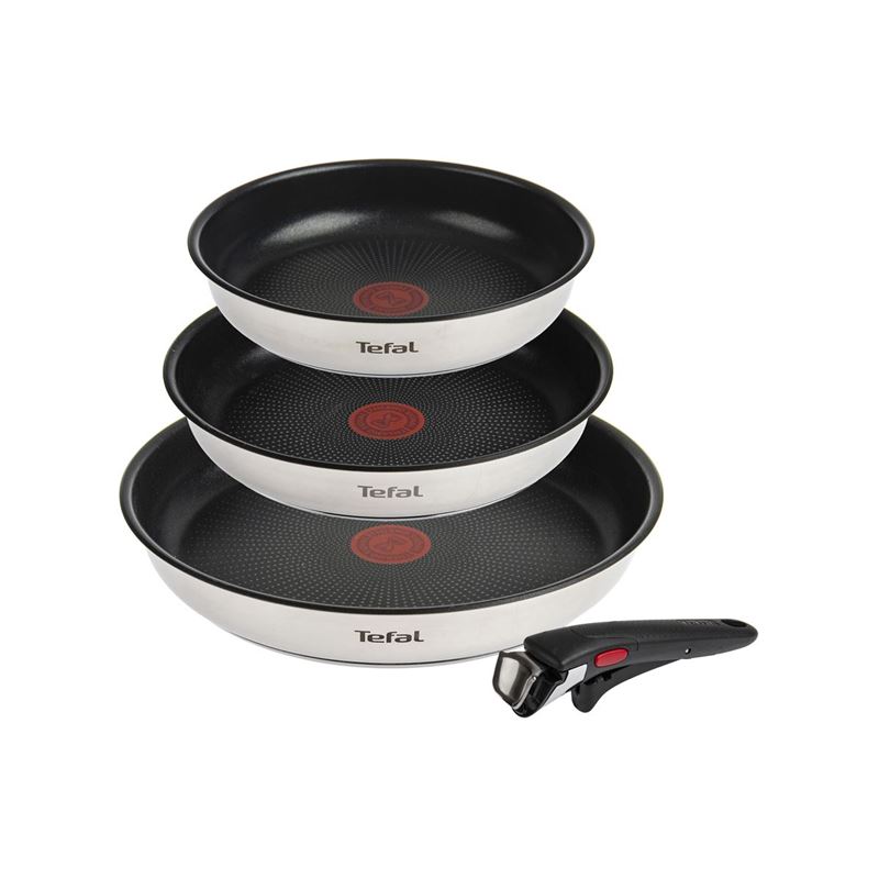 Tefal 4 Piece Ingenio Induction Stainless Steel Frypans, Titanium Non-Stick Cooking, Removable Handle, Cooktop Oven Table Stackable Design