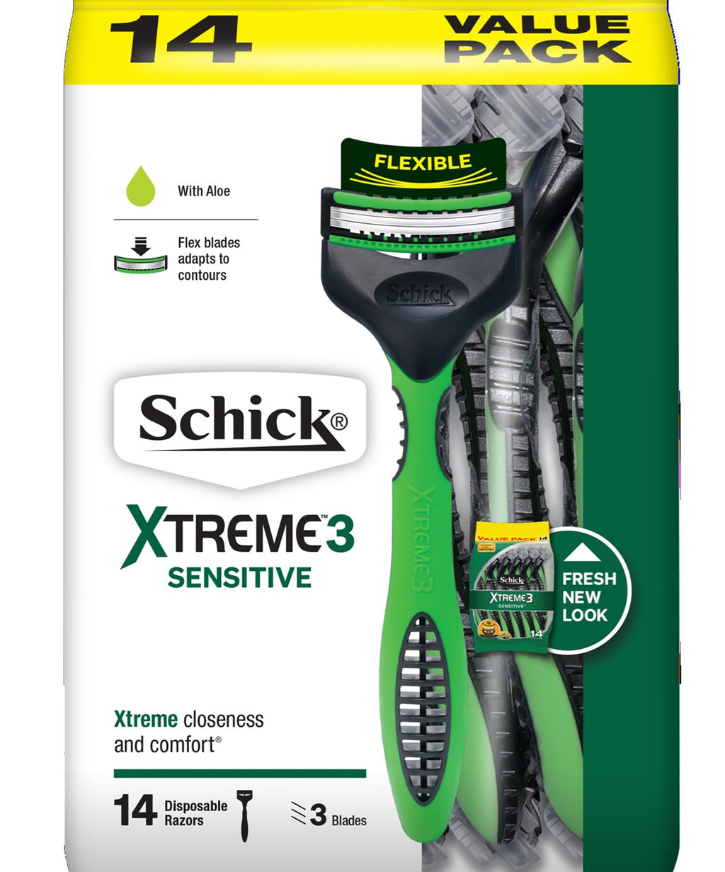Schick 14 Pack Sensitive Disposal Shaver Men's Beard Shaving Blades 3 Blade Razor Comfort Strip - Lubricating strip with Aloe