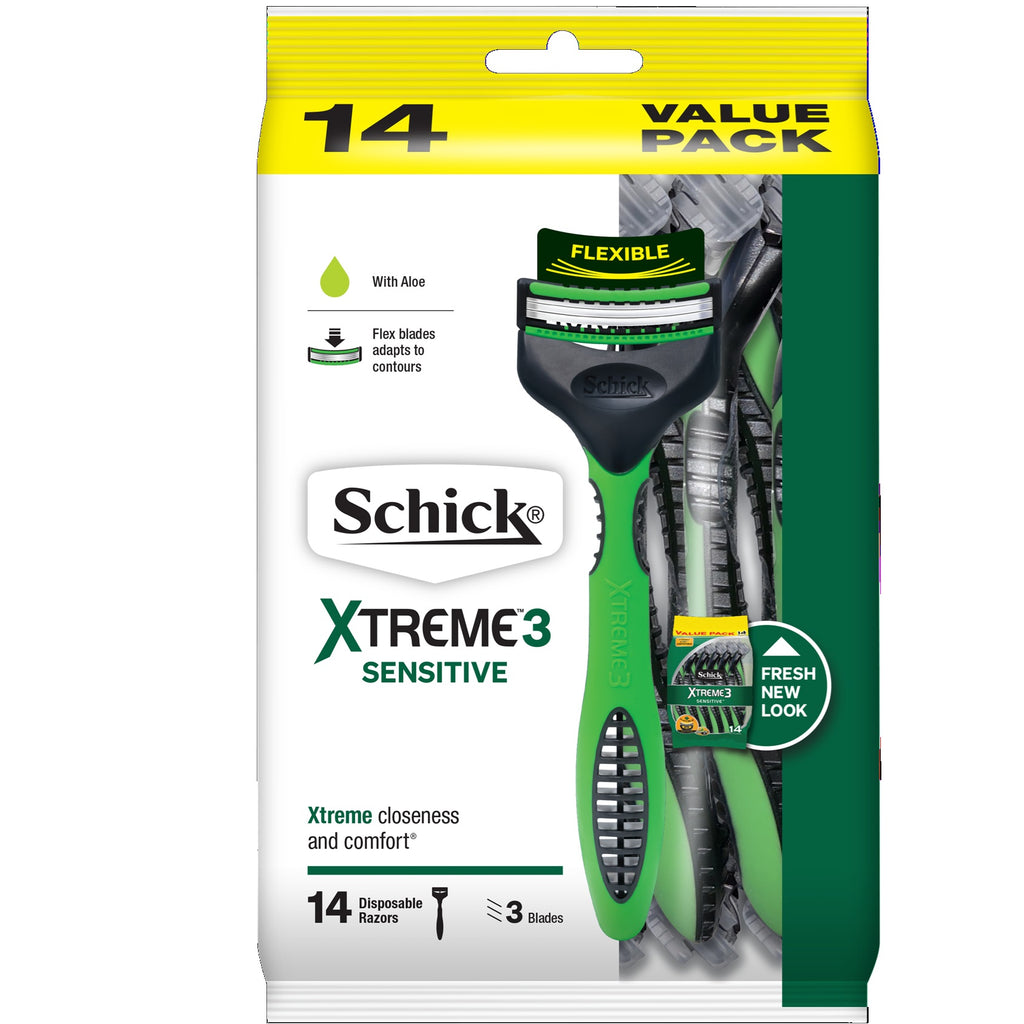 Schick 14 Pack Sensitive Disposal Shaver Men's Beard Shaving Blades 3 Blade Razor Comfort Strip - Lubricating strip with Aloe