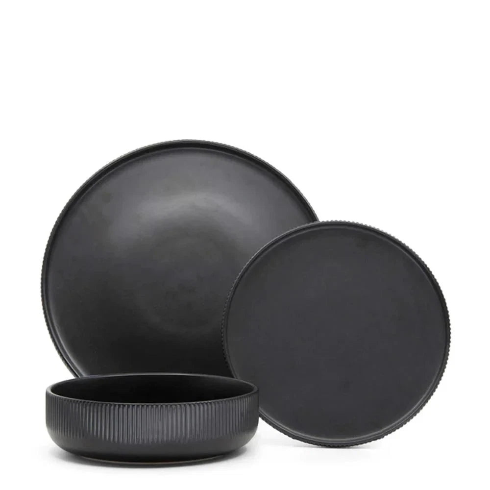 12 Piece Stoneware Dinner Set Stone Dining Meal Set Black Dinnerware Dinner Side Plates Soup Bowls