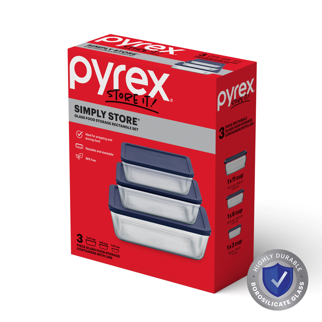 Pyrex Rectangle Storage Containers 3 PC Set, High Quality Glass Food Storage Containers with Lids - Microwave and Dishwasher Safe