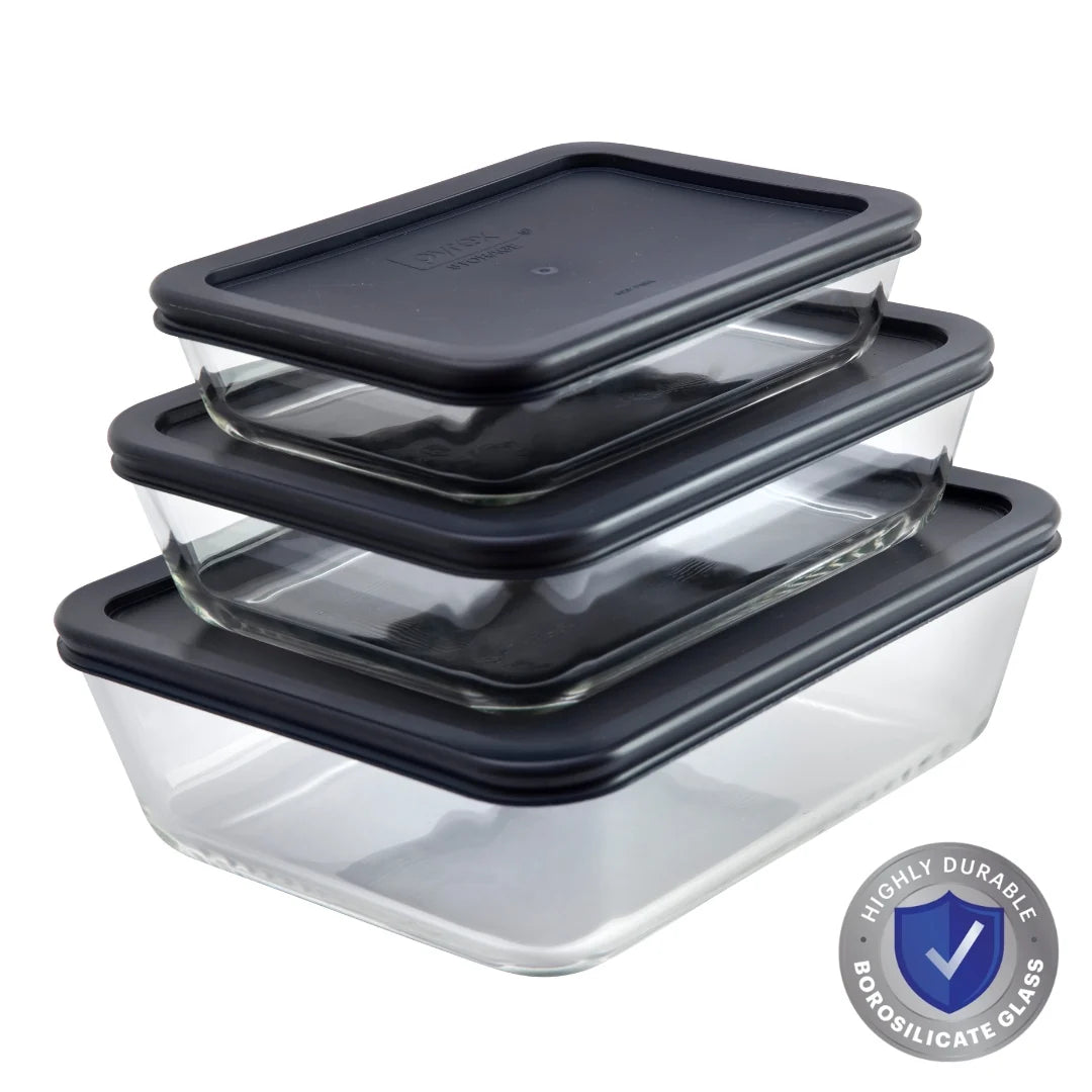 Pyrex Rectangle Storage Containers 3 PC Set, High Quality Glass Food Storage Containers with Lids - Microwave and Dishwasher Safe