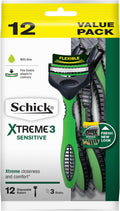 12 Pack Schick Razors Men's Shavers Sensitive Xtreme3 Close Shave Shaving - Flexible Blades Aloe Infusion