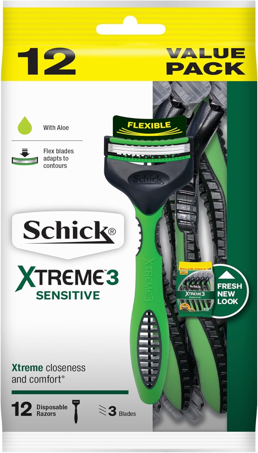 12 Pack Schick Razors Men's Shavers Sensitive Xtreme3 Close Shave Shaving - Flexible Blades Aloe Infusion