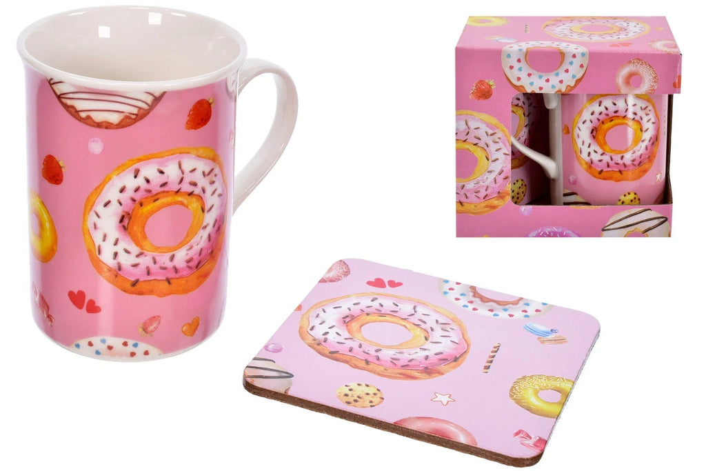 Coffee Mug & Coaster Set Mother's Day Doughnut Donut Pink Coffee Tea Beverage Hot Cold Water Mug Cup