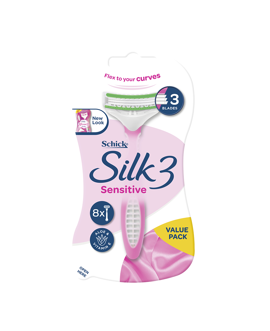 Schick Women's Shaver | Silk 3 Blade Sensitive Razor | 8 Pack | Conditioning Strip with Aloe & Vit E