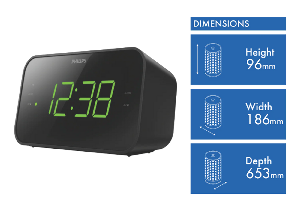 Philips Bedside Alarm Clock | Large LED Display 20 FM Radio Stations