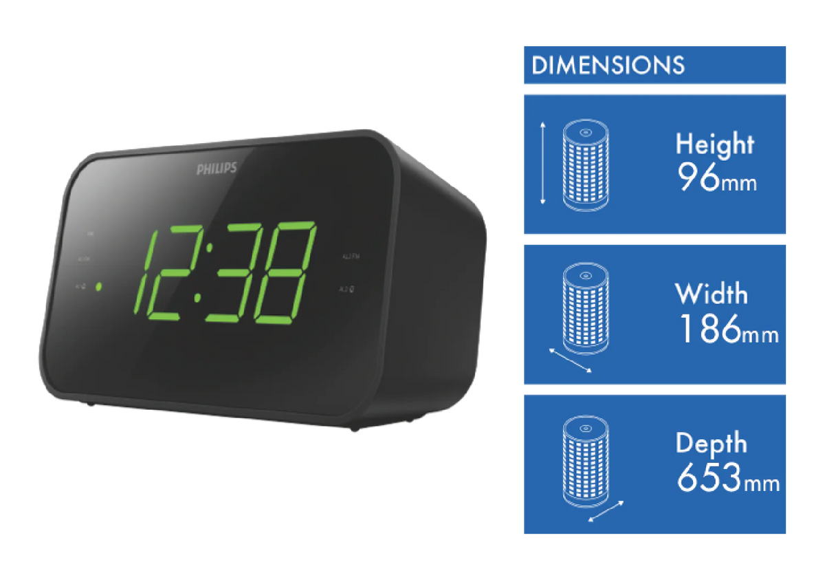 Philips Bedside Alarm Clock | Large LED Display 20 FM Radio Stations