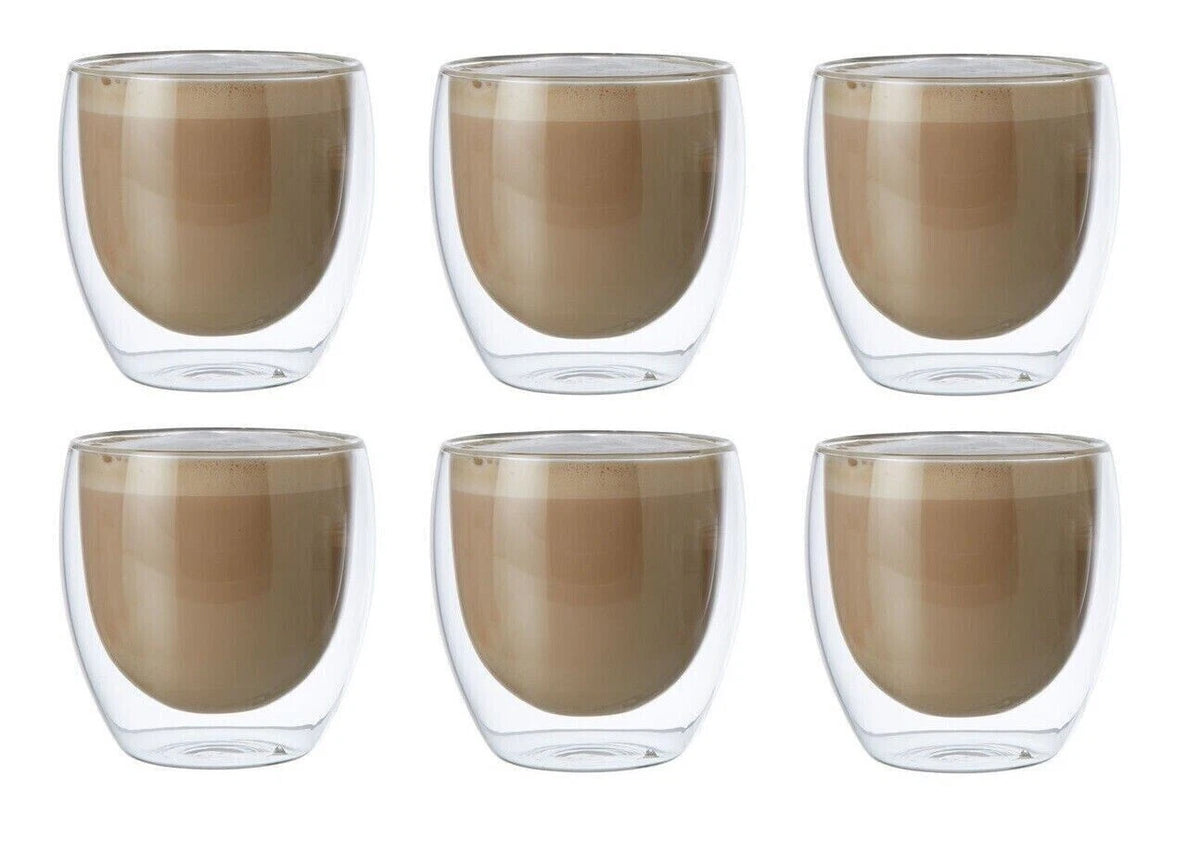 6x Hot Cold Drink Beverage Cups Mugs Double Wall Tea Coffee Espresso Latte Cappuccino Water Cocktail Mocktail 250ml