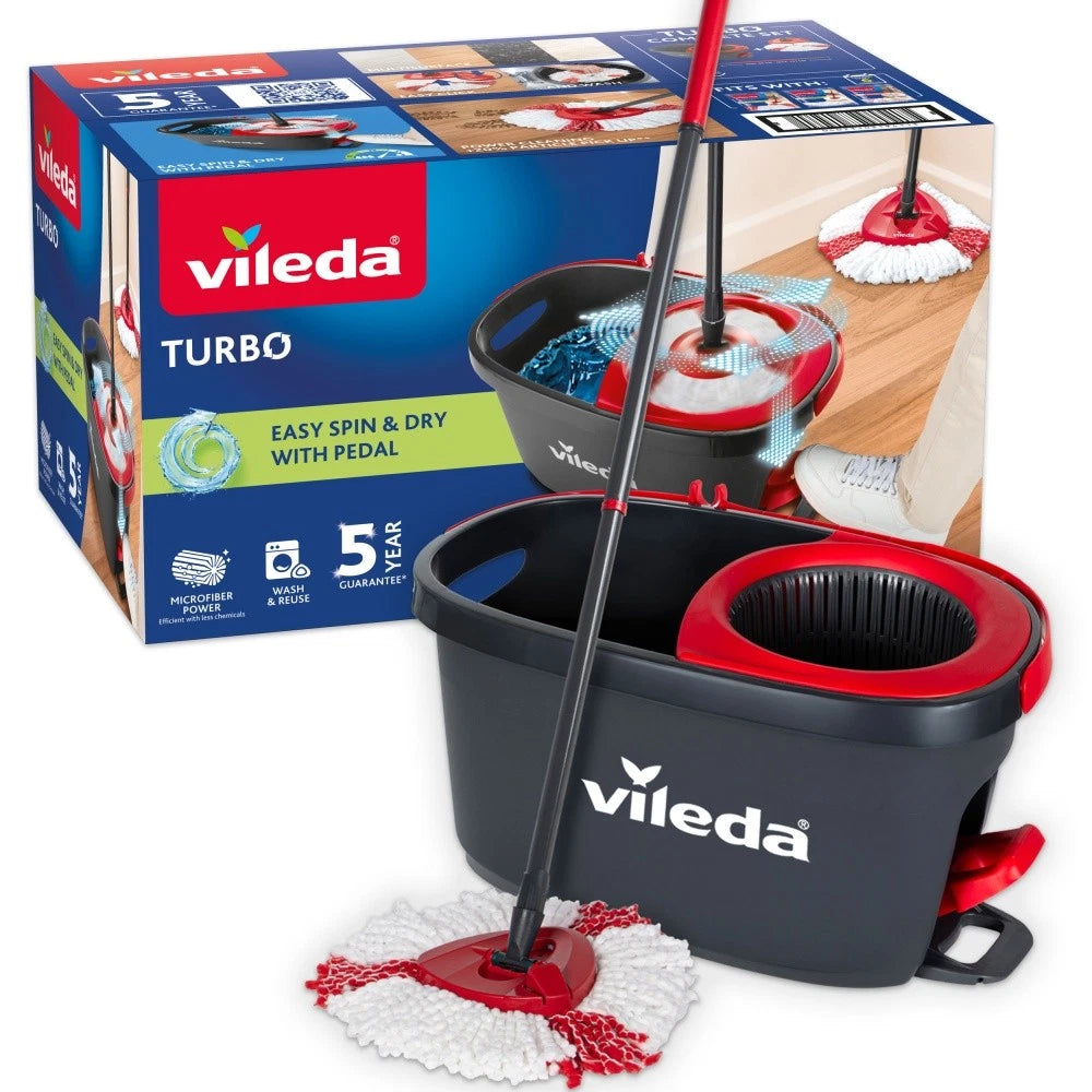 Vileda Microfibre Mop and Bucket Set Plastic Dirty Water Bucket, Easy Wring Spin Mop, Bathroom Kitchen Home Cleaner
