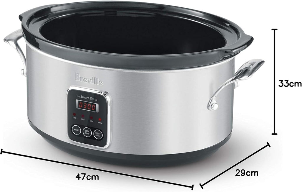 Breville Slow Cooker 6L Stainless Steel Meat Family Slow Cooking, Tender Slow Cooked Stew Curry Soup Lamb Beef Pull-Apart Meat, Kitchen Appliance