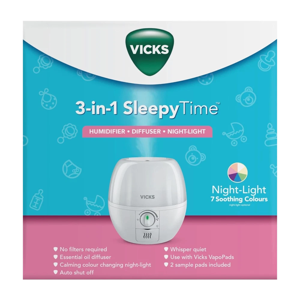 Vicks 3-in-1 Humidifier Essential Oil Diffuser Night-Light Quiet Calming Changing Lights