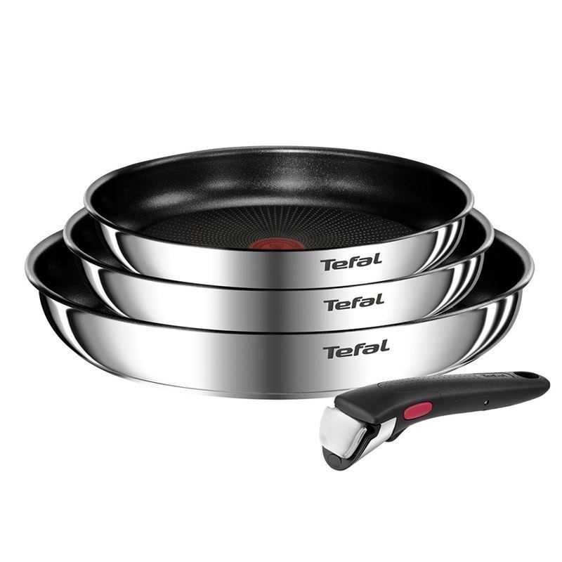 Tefal 4 Piece Ingenio Induction Stainless Steel Frypans, Titanium Non-Stick Cooking, Removable Handle, Cooktop Oven Table Stackable Design