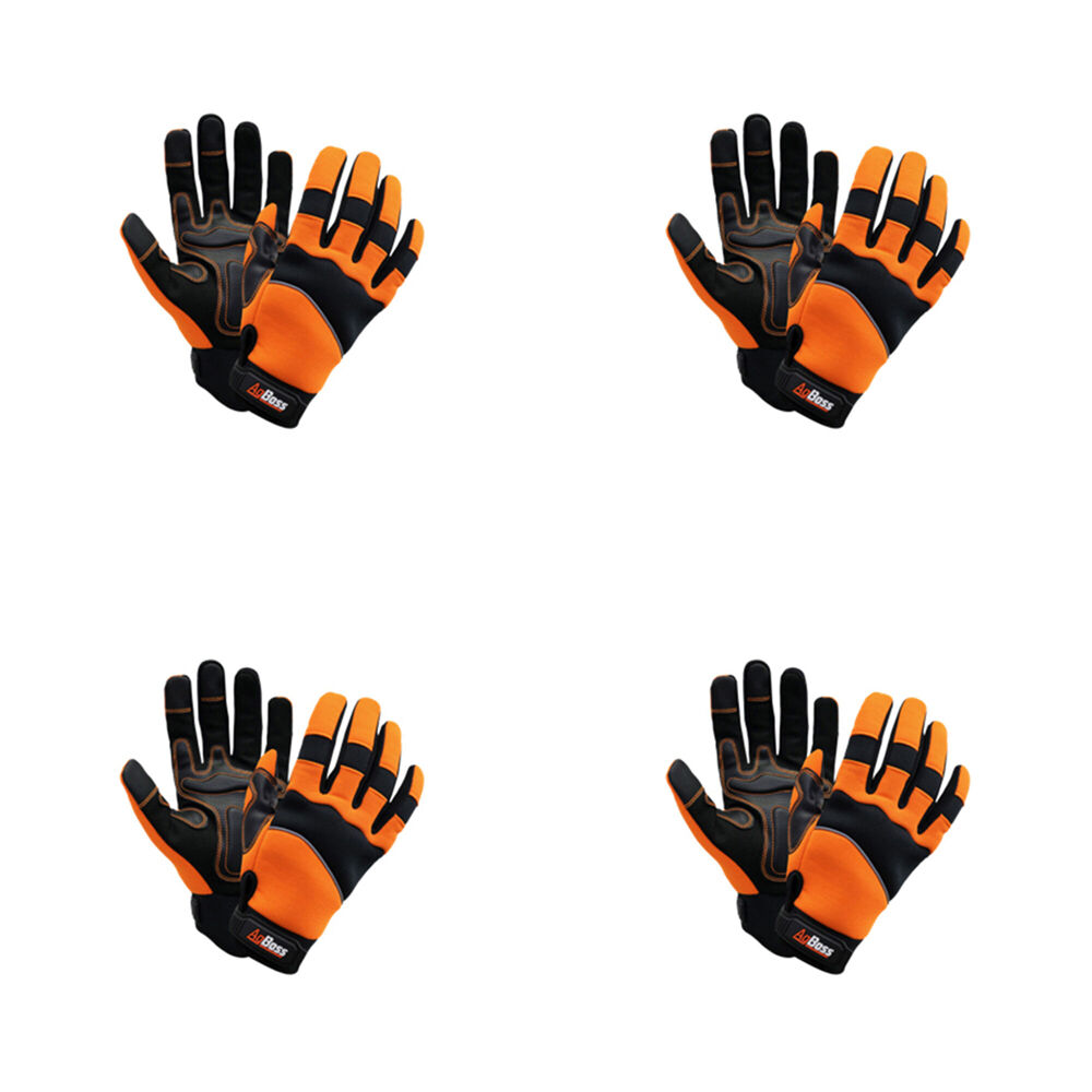 4PK AgBoss Premium Flexible Work Glove W/ Wrist Strap Black and Orange Large