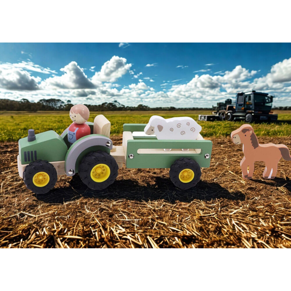Kaper Kidz Wooden Tractor & Farm Animals Kids Toy Playset w/ Sheep Horse 18m+