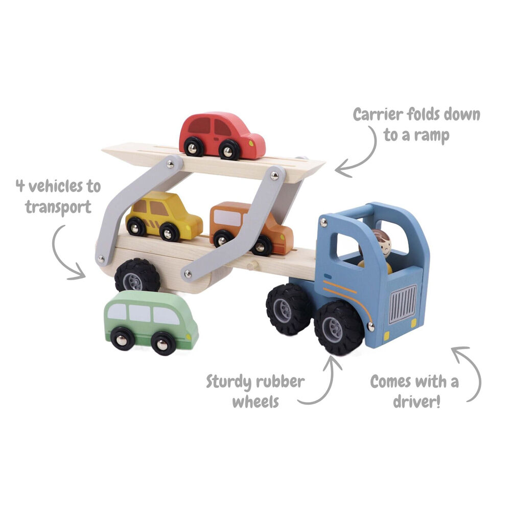 Kaper Kidz Wooden Car Carrier Kids Toy Set Fit Up to 4 Cars 18m+