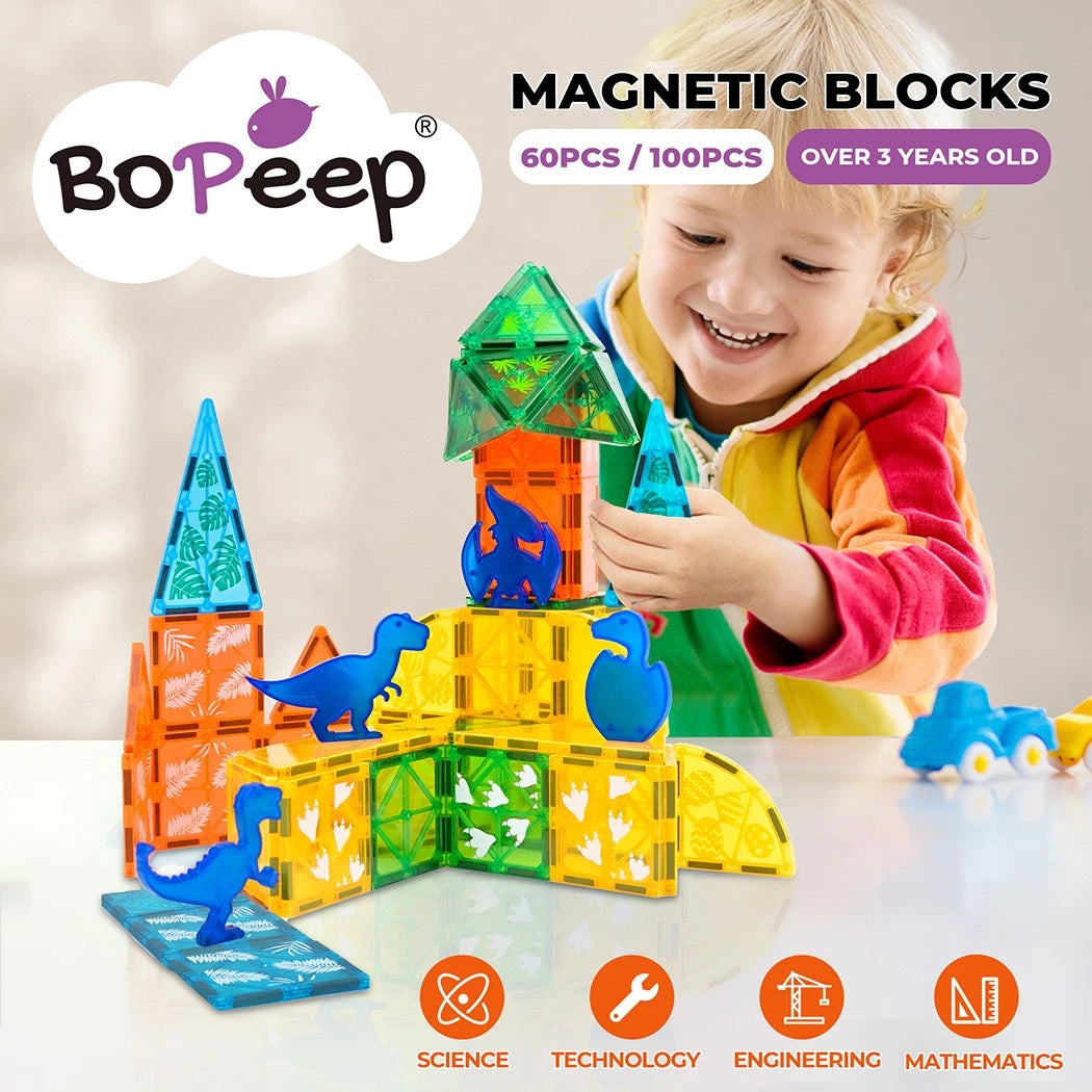100 Pieces Magnetic Tiles Starter Kit Kids Dinosaur Playing Building Blocks Preschool STEM Learning