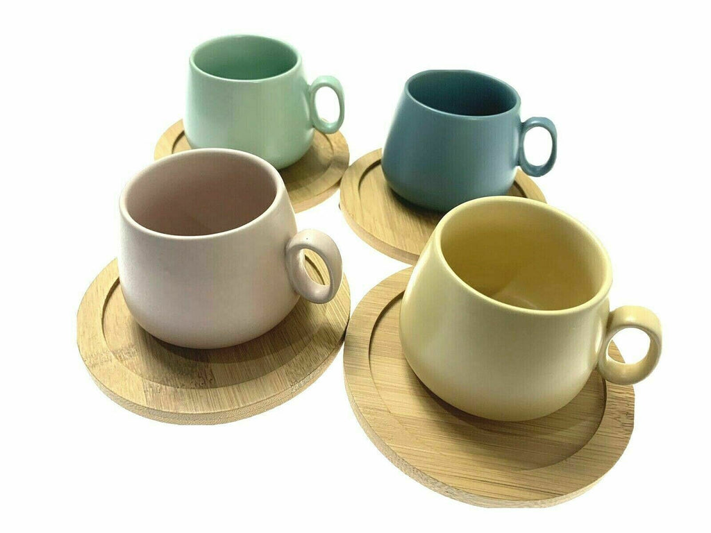 4x Colourful Ceramic Mugs Tea Coffee Hot Cold Drink Beverage Cups with Bamboo Coasters