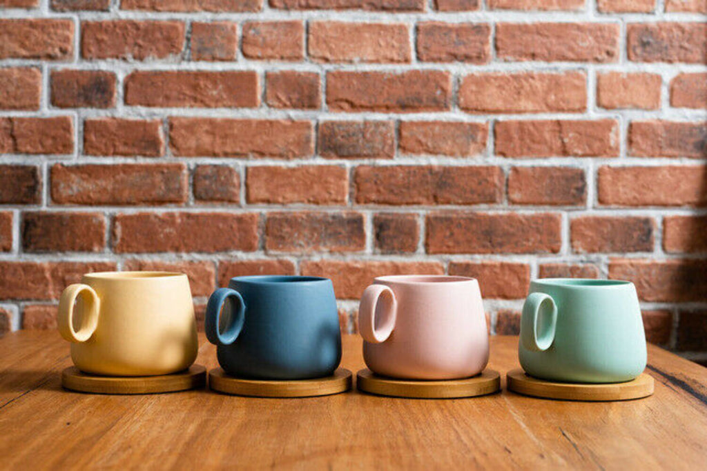 4x Colourful Ceramic Mugs Tea Coffee Hot Cold Drink Beverage Cups with Bamboo Coasters