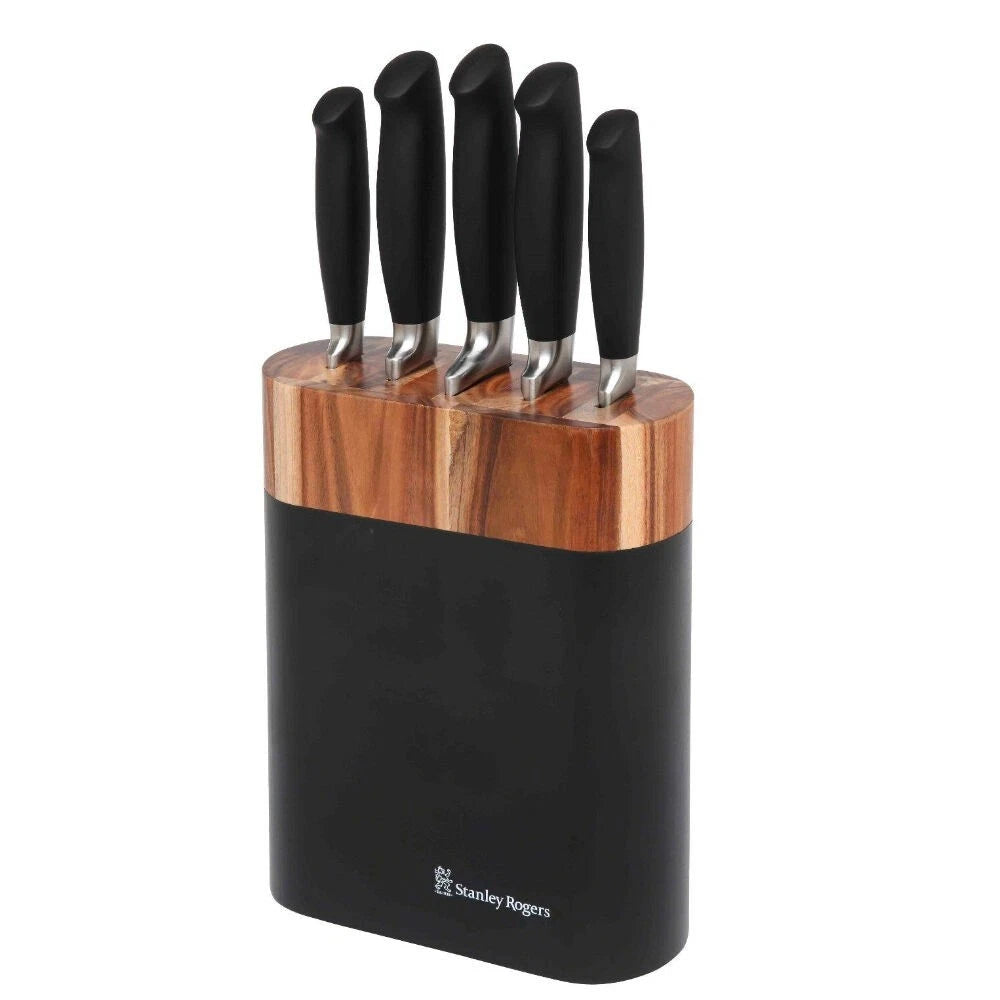 Stanley Rogers Knife Cutlery Block Set 6 Piece - Cook Bread Carving Utility Paring & Bamboo Knife - Acacia Wood Block