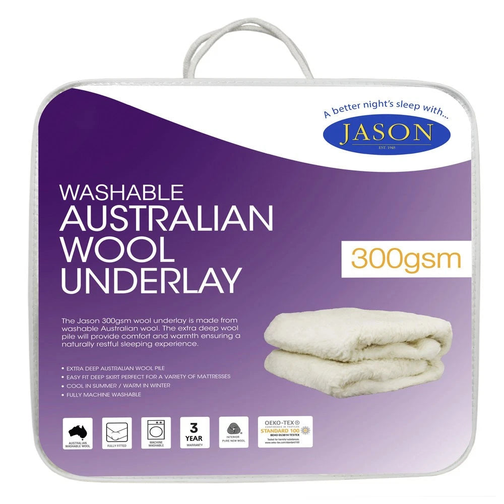 Queen Wool Underlay 300GSM Jason Reversible Fitted Washable Extra Deep Pile - Mattress Topper Protector