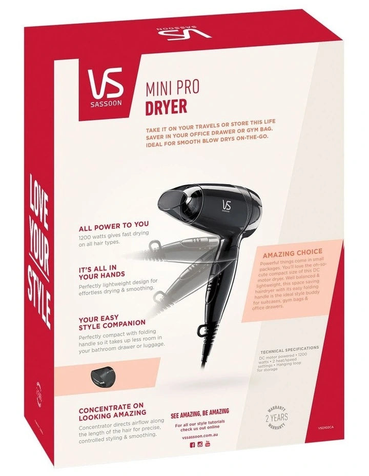 Vs Sassoon Mini Pro Hairdryer 1200W Blow Dryer Portable Gym Travel Hair Drying Dryer Fast Drying