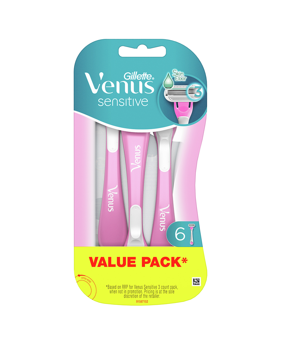 Gillette Venus Sensitive Razor 6 Pack | No Blade Change | Moisture Strips | 3 Blade Razor | Close Shave