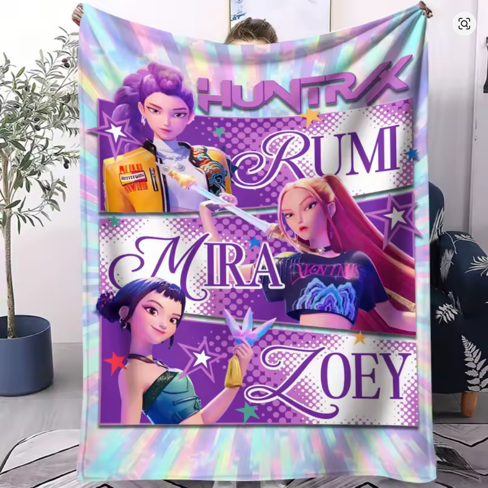 HUNTRIX KPOP Demon Hunters Anime Blanket | Teen Child Printed Small Rumi Zoey Mira Themed Comfort Blankie | Flannel Throw Blanket 70x100cm