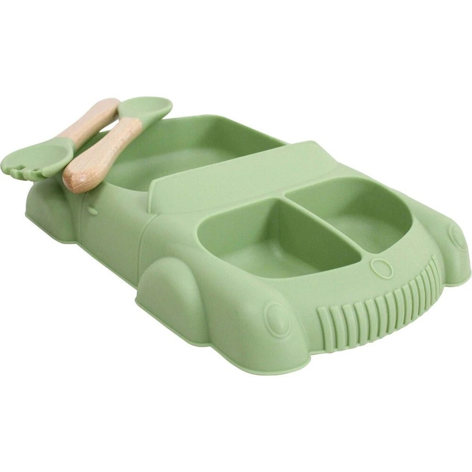 Racecar Silicone Baby Feeding Bowl and Cutlery | 3Pc Set 21x14.5cm Green