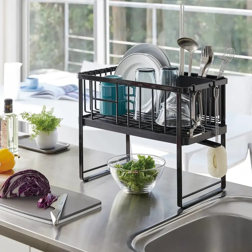 Yamazaki Tower 2 Tier Dish Rack | Space-Saving | Stylish Black | 360 degree drainage | Easy Install | Max Capacity 7.9 kg
