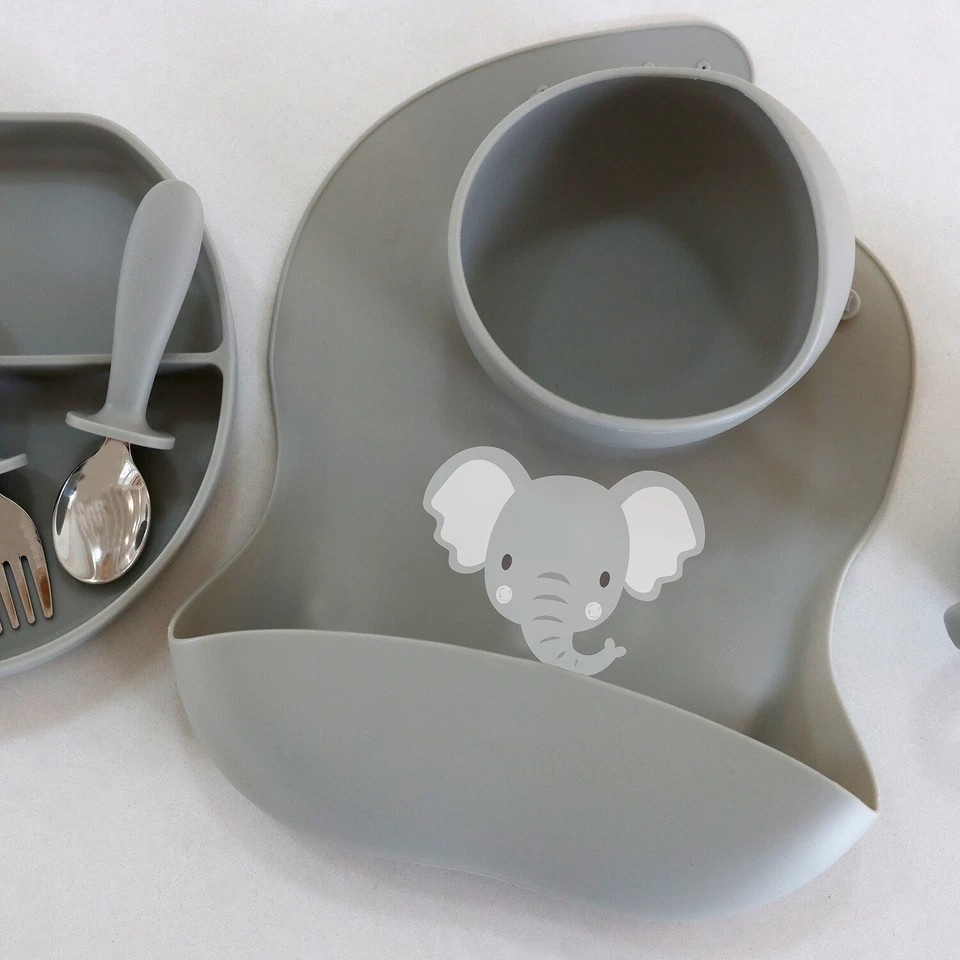 Splosh Baby Elephant Silicone Feeding Bib Adjustable Food Catcher 24cm GRY