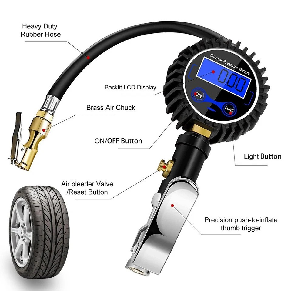 LED Digital Tyre Inflator | Lightweight Tyre Inflator | Car Air Pressure | Tire Gauge PSI Hose A Car Motorcycle