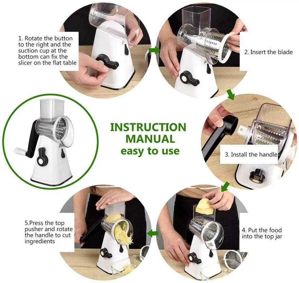 Kitchen Multifunction Vegetable Food Manual | 3 Blade Rotary Grater | Chopper Slicer Cutter | Shredder |