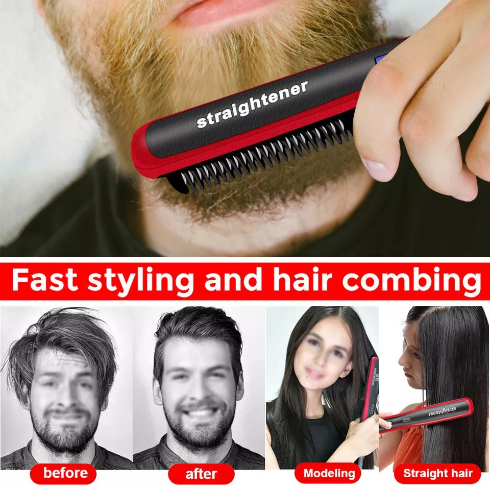Mens Heated Beard Straightener | Hair Straightener | Brush Multifunctional Hair Comb | Curling Iron | Rapid Heating 15 Sec | No hair damage |