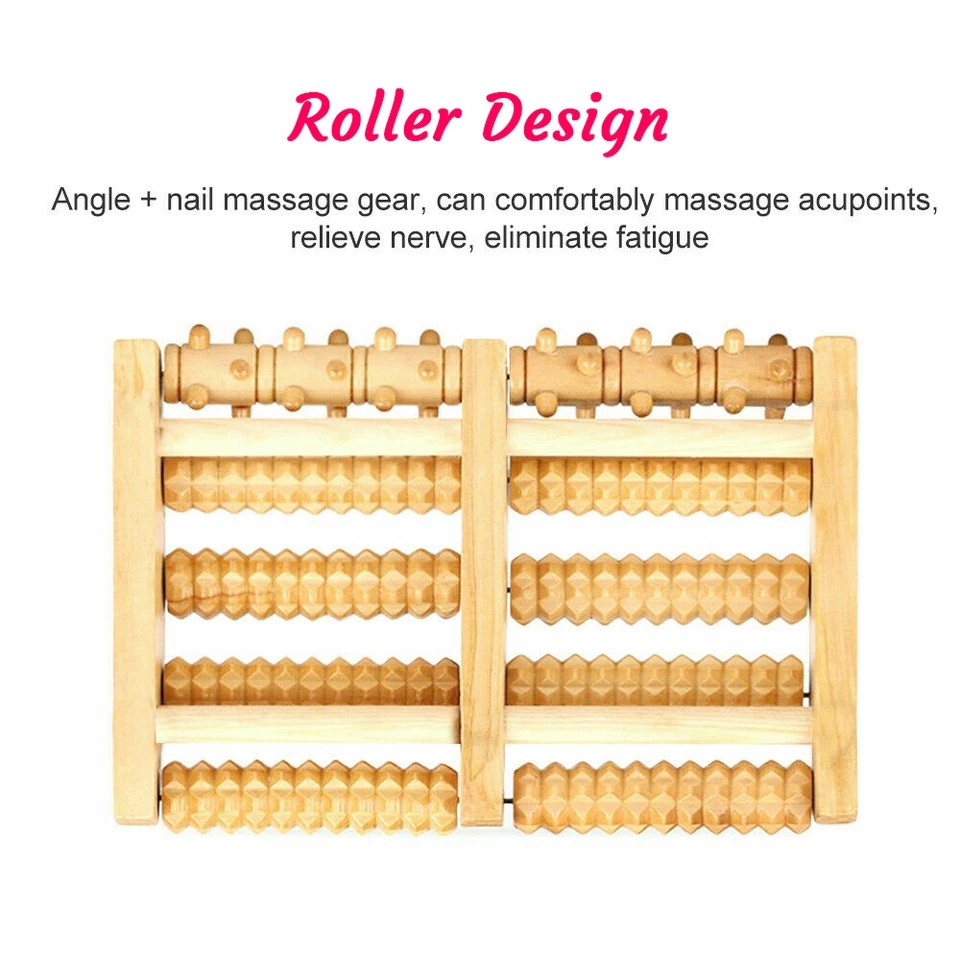 LARGE Wooden Foot Pain Massager 5 Roller Care Reflexology Relax Stress Relief
