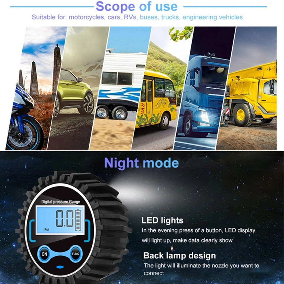 LED Digital Tyre Inflator | Lightweight Tyre Inflator | Car Air Pressure | Tire Gauge PSI Hose A Car Motorcycle