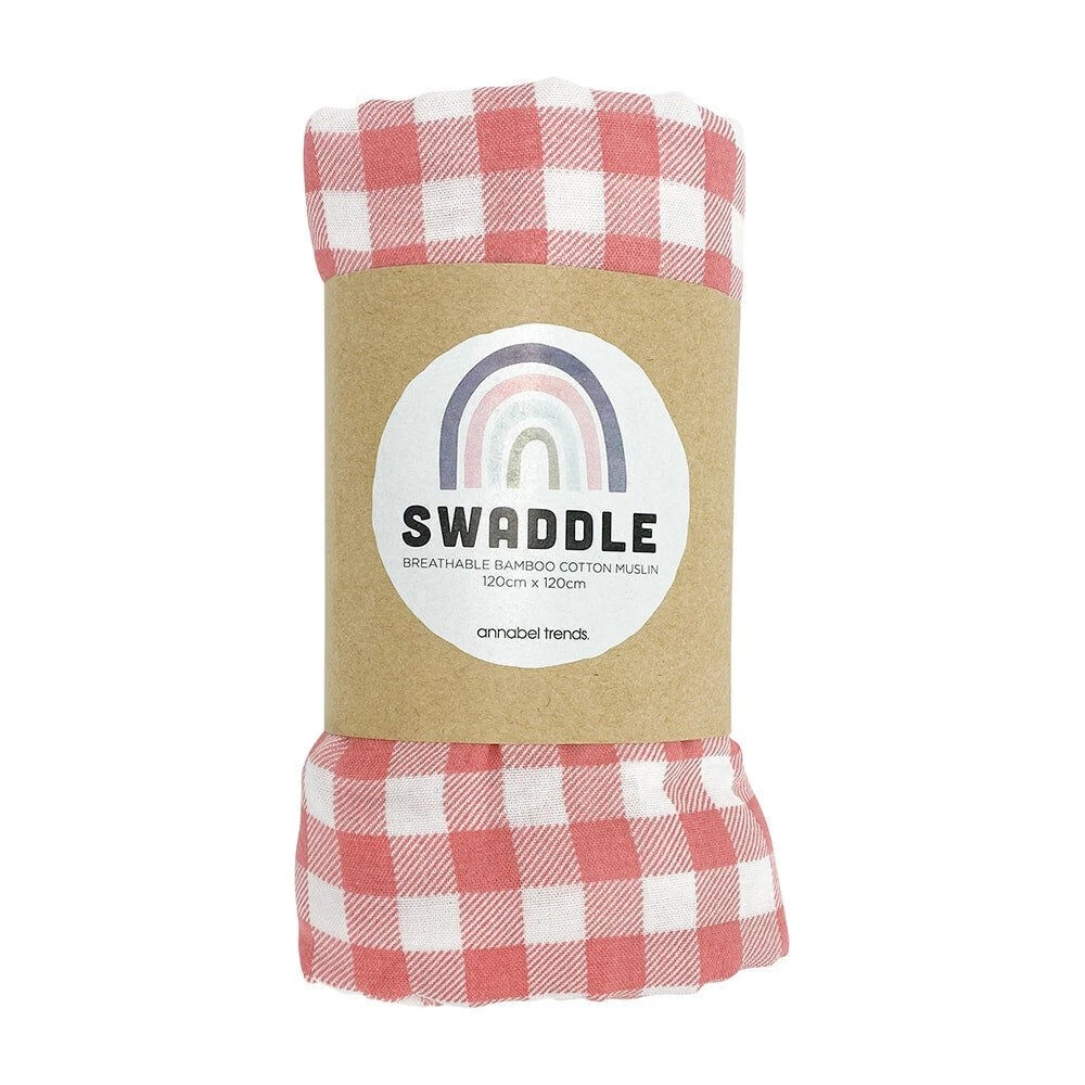 Annabel Trends Muslin | Baby Swaddle | Sleeping Blanket Wrap 120cm | Gingham Rhubarb