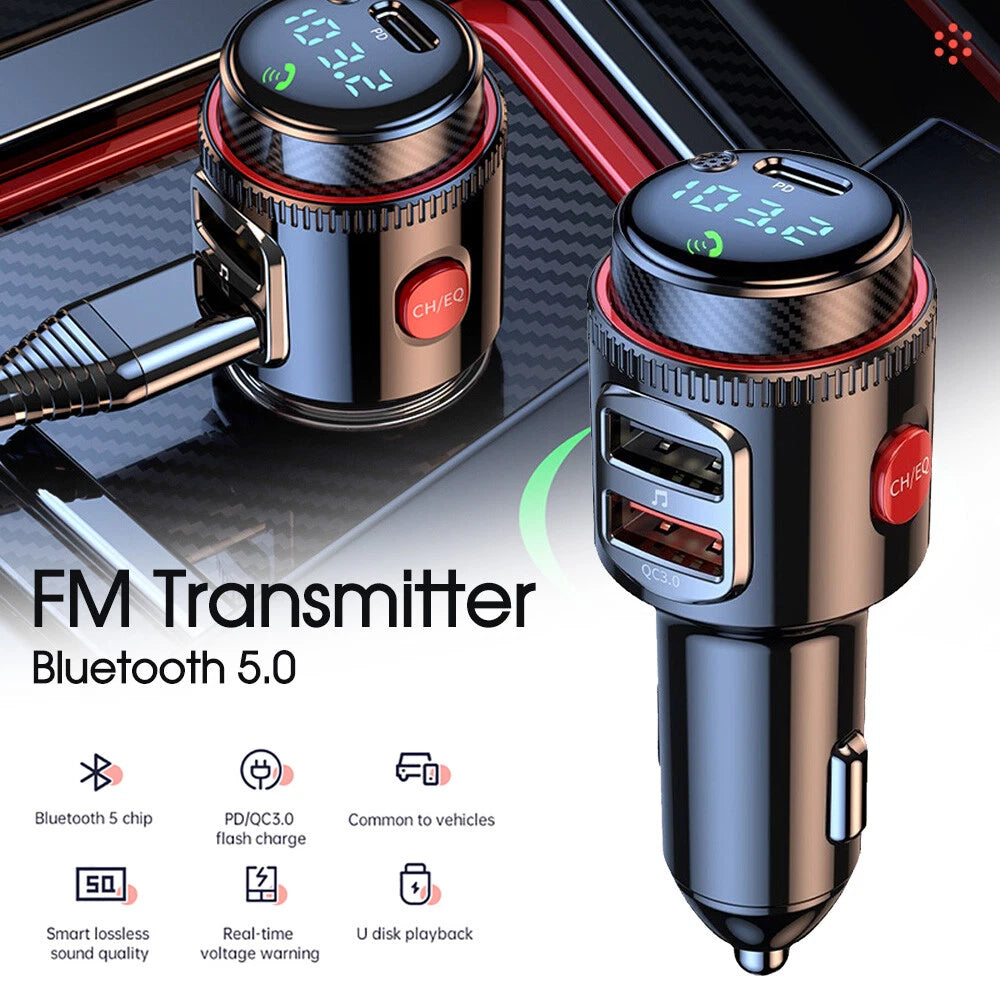 Bluetooth 5.0 Wireless Radio Car FM Transmitter PD Dual USB Charger MP3 Player