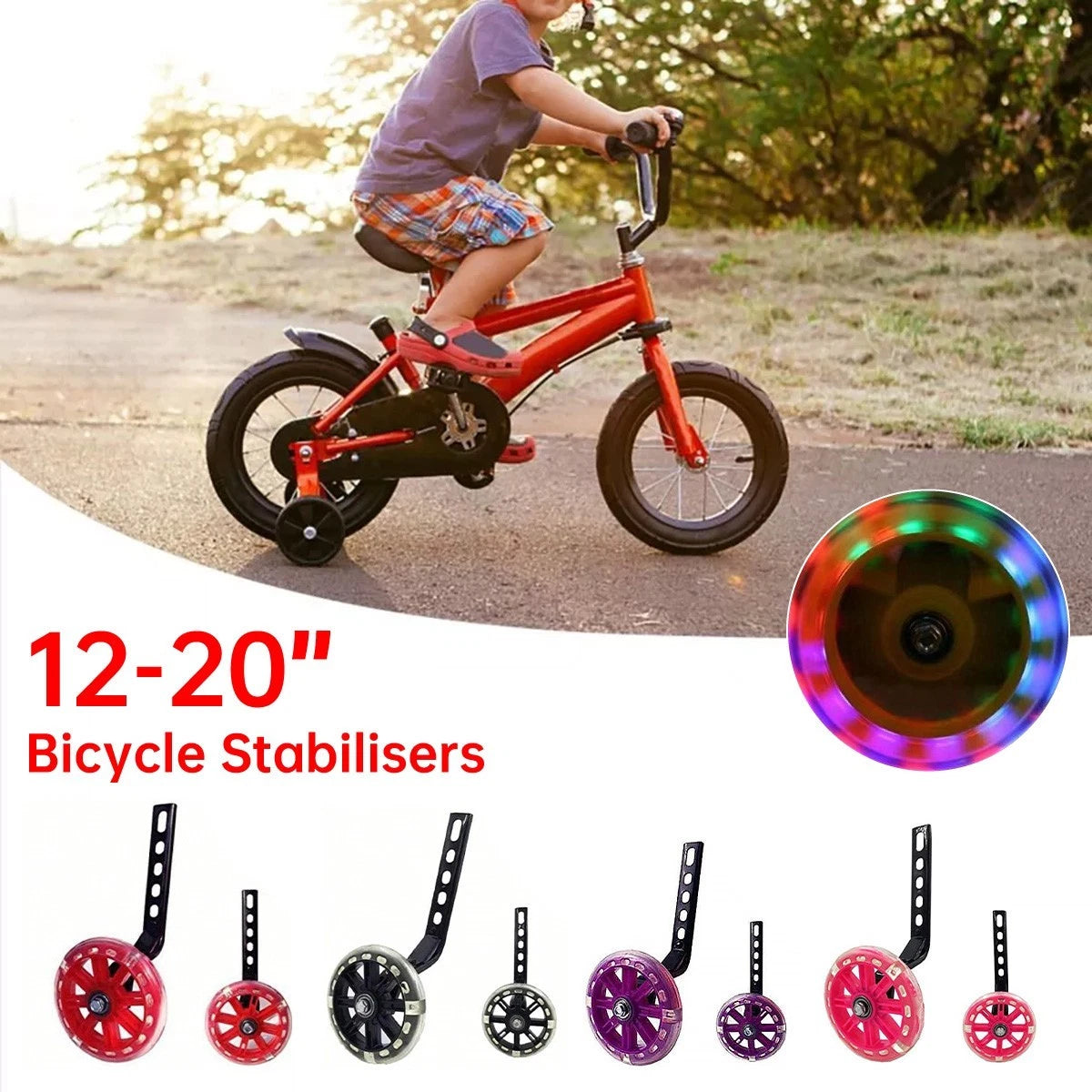 12-20 Inch Kids Bike Training Wheels | Silent Flashing PVC Stabilizer Auxiliary | Black