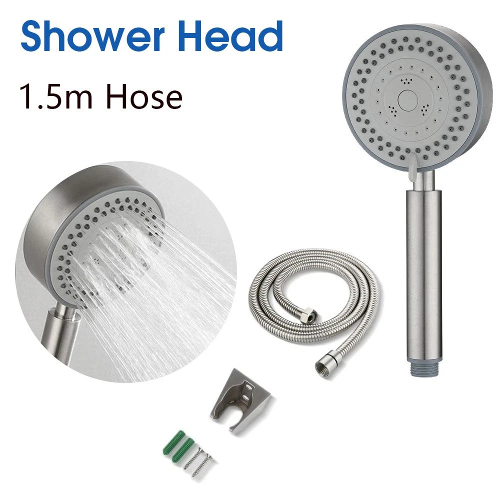 High-Pressure 5-Gear Stainless Steel Shower Head w/ 1.5m Flexible Hose