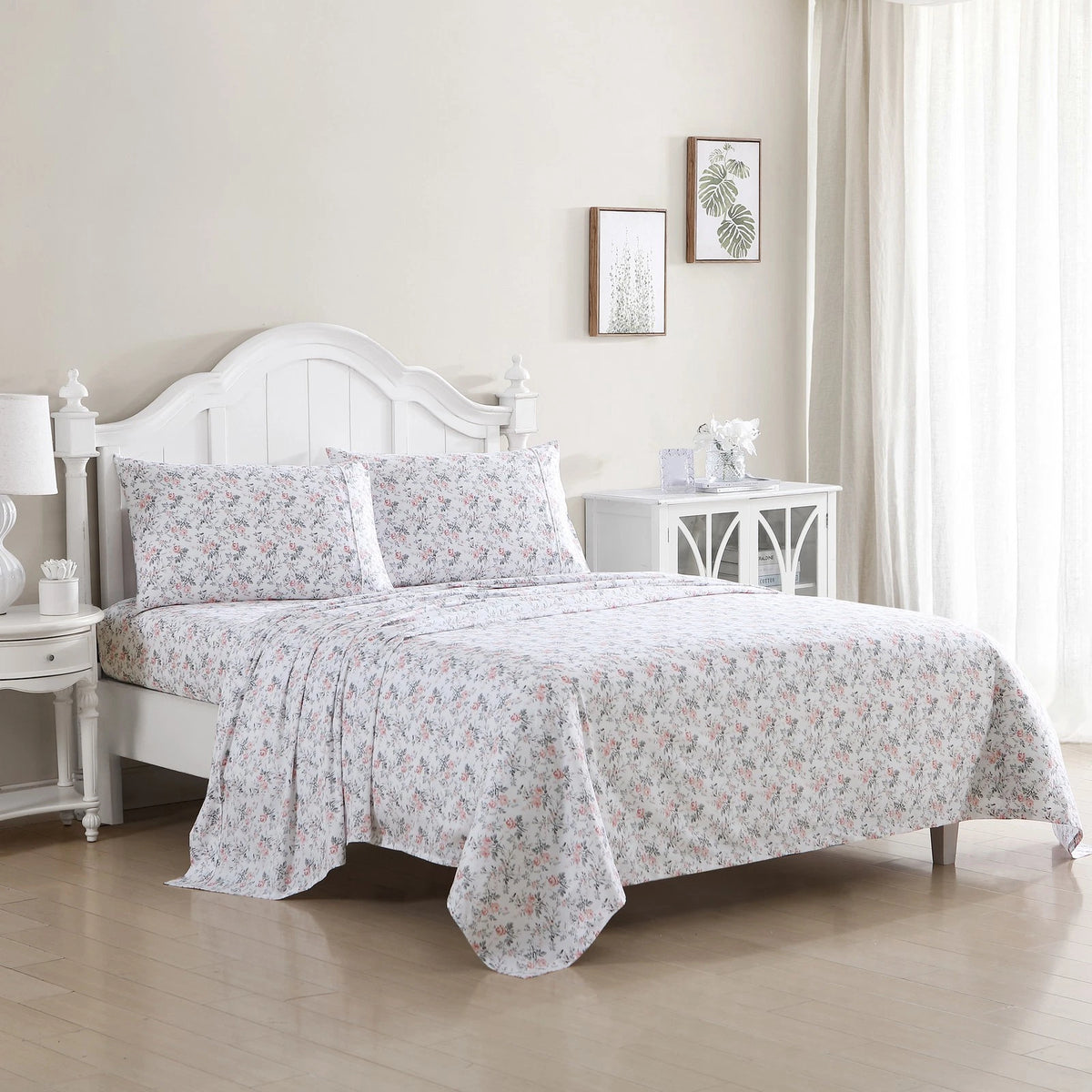 Laura Ashley Geneva Printed King Bed Size Sheet Set w/ 2x Pillowcase Blush/Grey