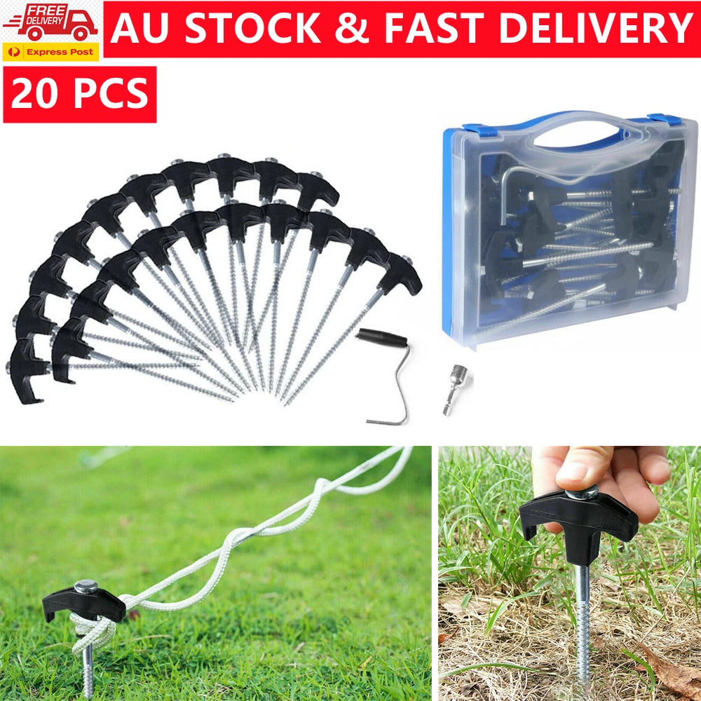 Camping Tent Pegs X20 | Heavy Duty Screw Steel | In Ground Camping Outdoor Stakes | Rust and Corrosion Resistant