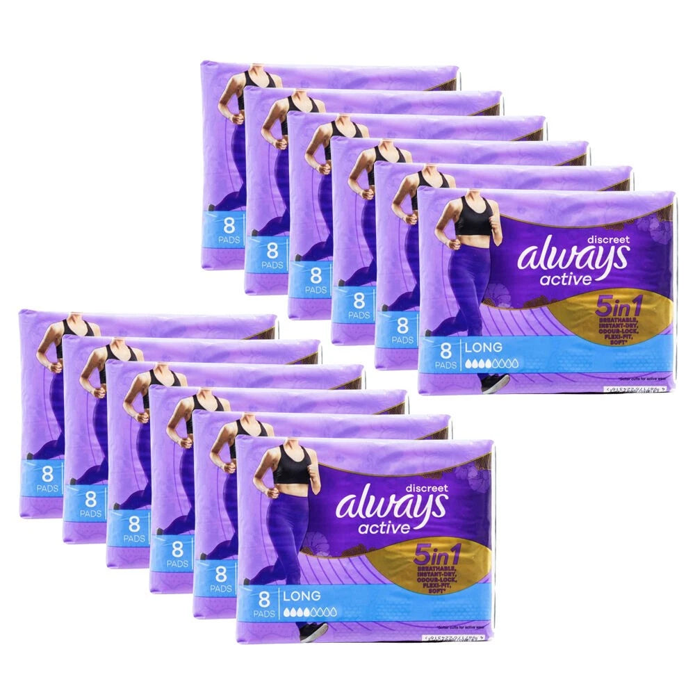 96 Pack Always Menstrual Pads Long | 12x 8pc Always Discreet Soft Active Sanitary | Odorlock Technology - Neutralises odours|